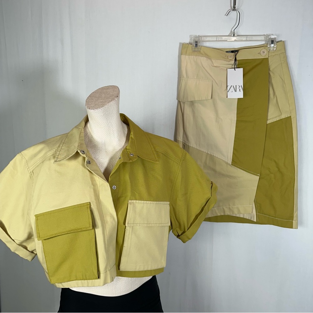 Zara Two-Tone Green and Cream Skirt Set